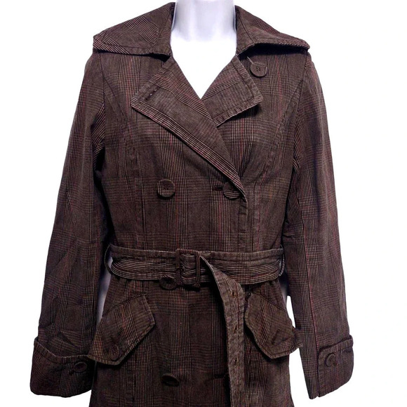 H&M Plaid Y2K Double Breasted Plaid Belt Tie And Pockets Trench Coat - Picture 7 of 16